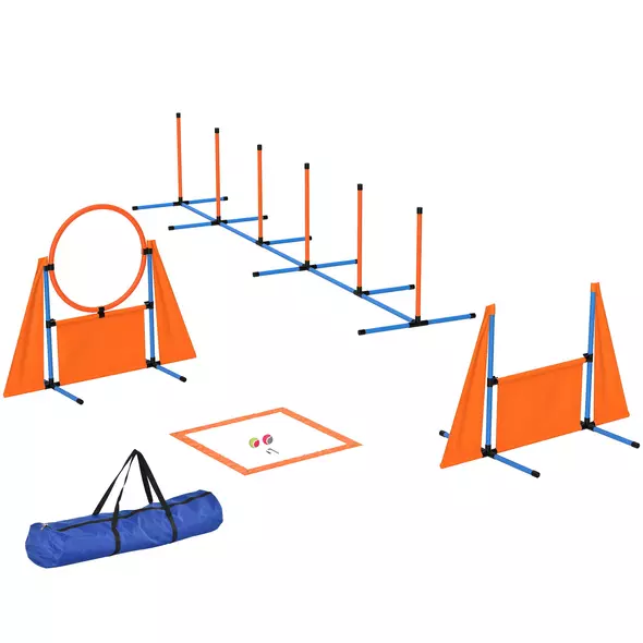 PawHut 6-Piece Dog Agility Equipment Set with Weave Poles, Jump Ring, Hurdle, Pause Box, Bag, Orange - 1