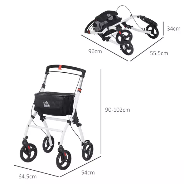 HOMCOM Folding Upright Rollator Walker with Lightweight Walking Frame, Storage Bag, Tray, Dual Brakes, Adjustable Handle Height, Mobility Aid Rolling 4 Wheeled Walker for Seniors, White - 3