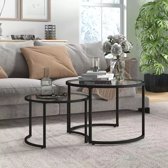 HOMCOM Two-Piece Nest of Glass-Top Coffee Tables - 2