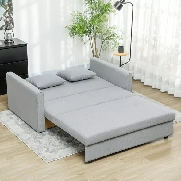 HOMCOM 2 Seater Sofa Bed with Hidden Storage, Pull Out Convertible Bed Settee, Modern Linen Loveseat Sofa Sleeper with 2 Cushions for Living Room, Guest Room, Light Grey - 7