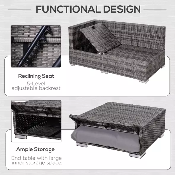 Outsunny 3PC Rattan Garden Furniture Storage Sofa Set 4 Seater Wicker Coffee Table Conservatory Sun Lounger Reclining Set Outdoor Weave with Cushion Grey - 6
