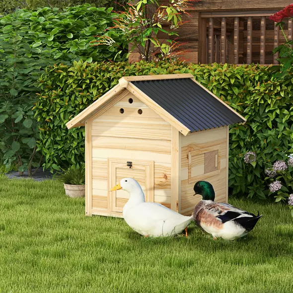PawHut Wooden Duck House with Double Doors, Openable Roof, Ventilation Holes, Removable Base, Natural Wood Finish - 2