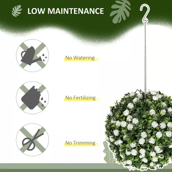 HOMCOM Set of 2 Decorative Artificial Plants, UV-protected Artificial Plant Topiary Rose Balls, Fake Plants for Home Indoor outdoor Decor, 28cm, White - 5