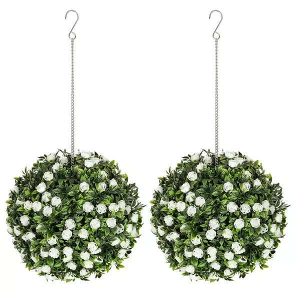 HOMCOM Set of 2 Decorative Artificial Plants, UV-protected Artificial Plant Topiary Rose Balls, Fake Plants for Home Indoor outdoor Decor, 28cm, White - 1