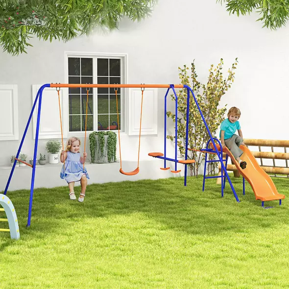 Outsunny Four-In-One Metal Garden Swing Set, with Double Swings, Glider, Slider, Ladder - Orange and Blue - 2