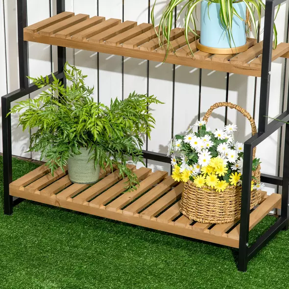 Outsunny 3 Tiered Plant Stand with Hanging Hooks, Flower Rack Shelf for Indoor Outdoor Porch Balcony Living Room Bedroom - 8