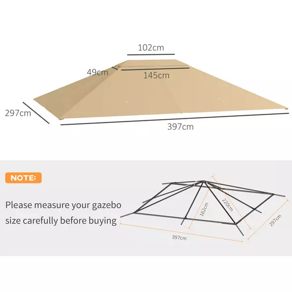 Outsunny 3 x 4m Gazebo Canopy Replacement Cover, Gazebo Roof Replacement (TOP COVER ONLY), Khaki - 3