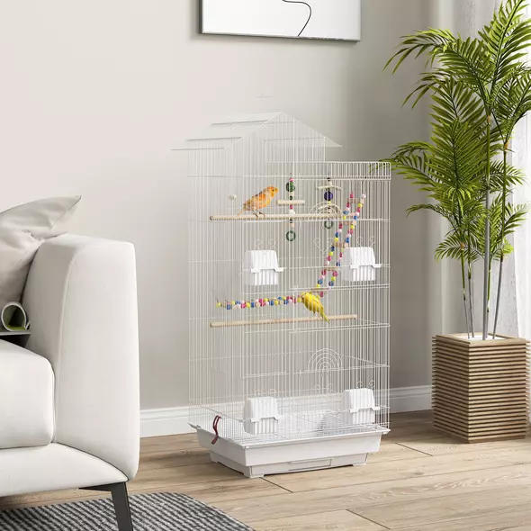 PawHut Bird Cage for Budgies, Finches, Canaries w/ Accessories, Toys, Tray, White - 2