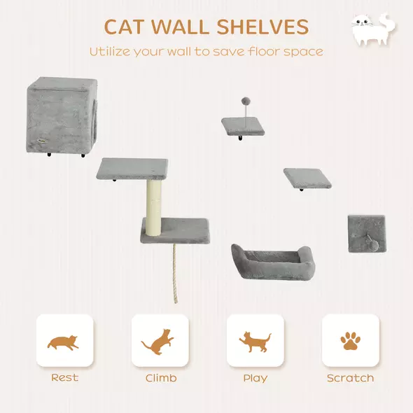 PawHut 6-Piece Cat Wall Shelves Set with Condo, Cat Wall Furniture with Platforms, Sisal Scratching Post, Bed, Toy Ball, Grey - 5