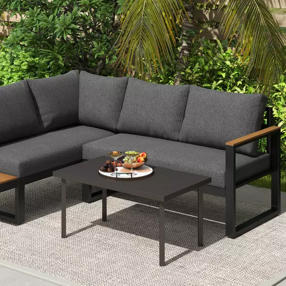 Outsunny Metal Garden Coffee Table, Rectangular Outdoor Side Table with Woodgrain Tabletop, Foot Pads for Outside, Garden, Balcony, Porch, 95 x 55 x 46cm, Brown - 9