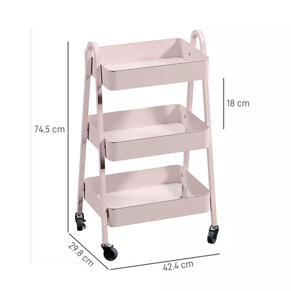 HOMCOM Three-Tier Storage Trolley - Pink - 3