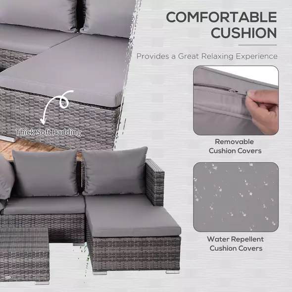 Outsunny 3PC Rattan Garden Furniture Storage Sofa Set 4 Seater Wicker Coffee Table Conservatory Sun Lounger Reclining Set Outdoor Weave with Cushion Grey - 5
