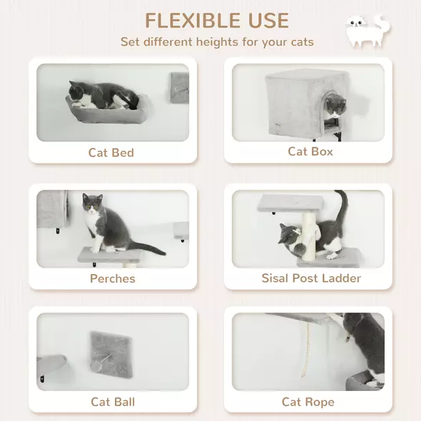 PawHut 6-Piece Cat Wall Shelves Set with Condo, Cat Wall Furniture with Platforms, Sisal Scratching Post, Bed, Toy Ball, Grey - 4