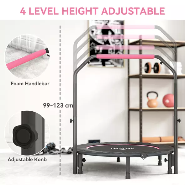 HOMCOM 45" Foldable Mini Fitness Trampoline, with Adjustable Foam Handle, Pink - 4