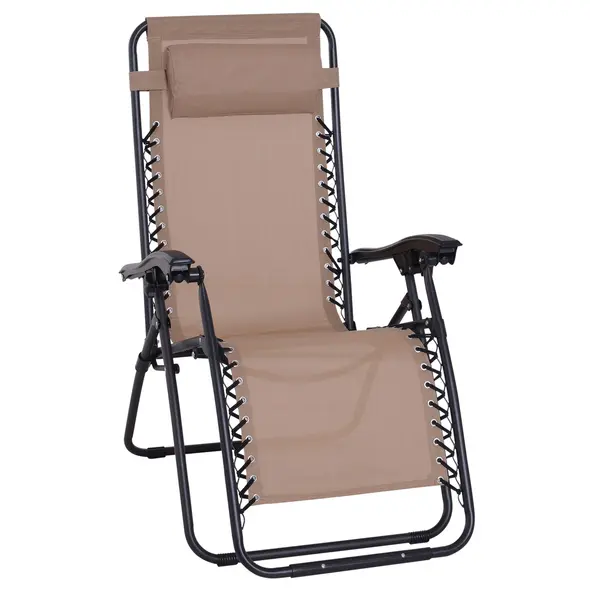 Outsunny Zero Gravity Chair Metal Frame Texteline Armchair Outdoor Folding and Reclining Sun Lounger with Head Pillow for Patio Decking Gardens Camping, Beige - 1