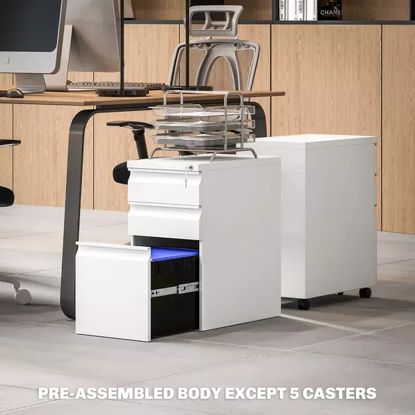 Vinsetto 3-Drawer Steel Filing Cabinet with Lock and Wheels - White - 8