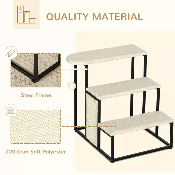 PawHut Three-Step Pet Stairs, with Sisal Scratching Board, Toy Hanging Ball, Steel Frame - 4