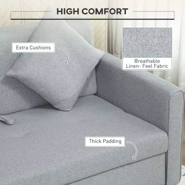 HOMCOM 2 Seater Sofa Bed with Hidden Storage, Pull Out Convertible Bed Settee, Modern Linen Loveseat Sofa Sleeper with 2 Cushions for Living Room, Guest Room, Light Grey - 6