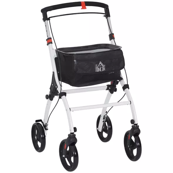 HOMCOM Folding Upright Rollator Walker with Lightweight Walking Frame, Storage Bag, Tray, Dual Brakes, Adjustable Handle Height, Mobility Aid Rolling 4 Wheeled Walker for Seniors, White - 1