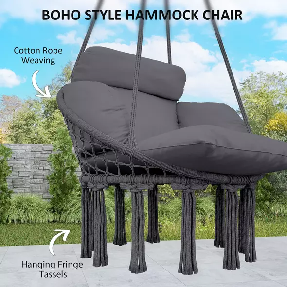 Outsunny Hanging Chair Outdoor Hammock Chair with Soft Cushion, Cotton Rope Boho Style Swing Chair, Hanging Garden Swing Seat for Indoor Outdoor, Dark Grey - 5