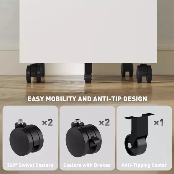 Vinsetto 3-Drawer Steel Filing Cabinet with Lock and Wheels - White - 7