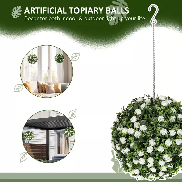 HOMCOM Set of 2 Decorative Artificial Plants, UV-protected Artificial Plant Topiary Rose Balls, Fake Plants for Home Indoor outdoor Decor, 28cm, White - 4