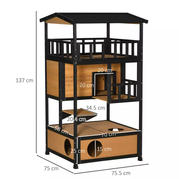PawHut Wooden Outdoor Cat House, 3-Tier Cat Shelter with Tilted Roof, Terrace, Jump Step, Bottom Tray and Elevated Base, Waterproof Paint, Yellow - 3
