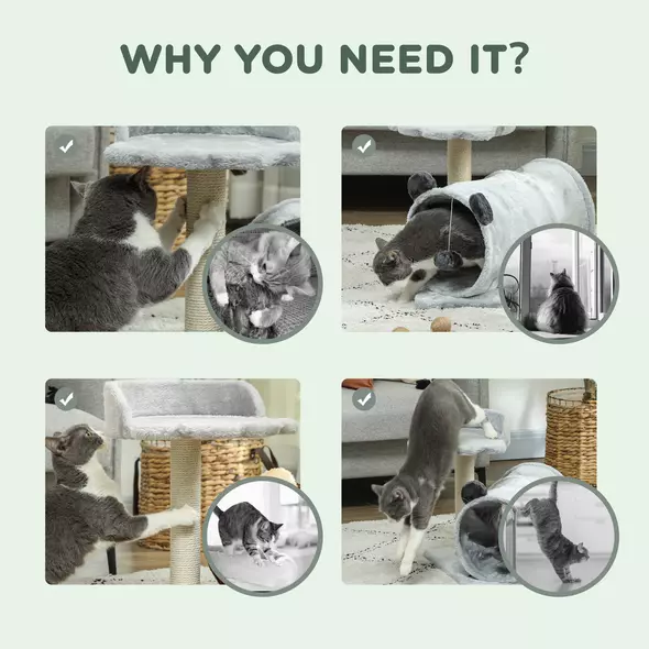 PawHut 47cm Small Cat Tree w/ Scratching Post, Bed, Cat Tunnel, Toy Ball, Grey - 6