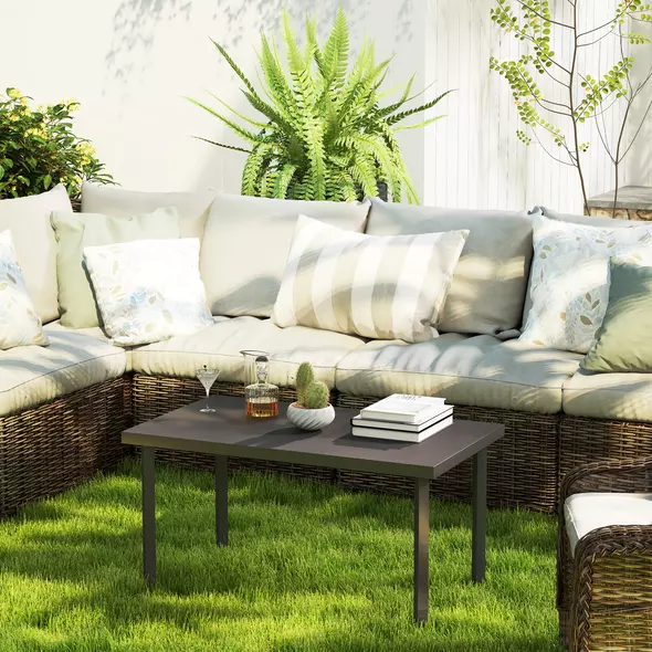 Outsunny Metal Garden Coffee Table, Rectangular Outdoor Side Table with Woodgrain Tabletop, Foot Pads for Outside, Garden, Balcony, Porch, 95 x 55 x 46cm, Brown - 7