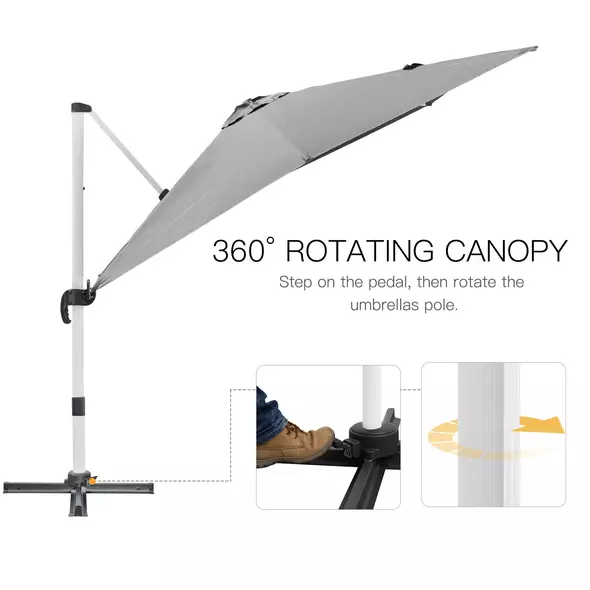 Outsunny 3 x 3(m) Cantilever Roma Parasol, Square Garden Umbrella with Cross Base, Crank Handle, Tilt, 360° Rotation and Aluminium Frame, Grey - 4