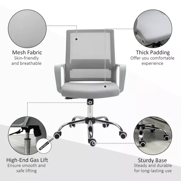 Vinsetto Ergonomic Desk Chair Mesh Office Chair with Adjustable Height Armrest and 360° Swivel Castor Wheels Grey - 8