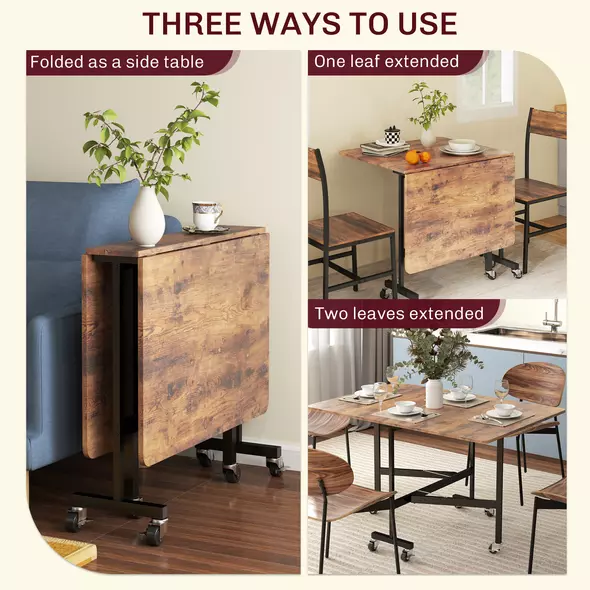 HOMCOM Six-Seater Drop-Leaf Dining Table, with Wheels - Brown Wood-Effect - 4