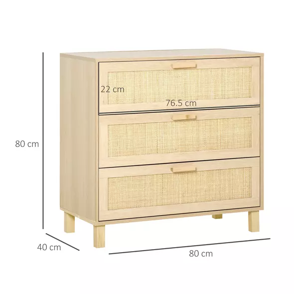 HOMCOM Rattan Bedroom Chest of Drawers, 3 Drawers Storage Unit, Boho Dresser for Living Room, Hallway, Natural - 3