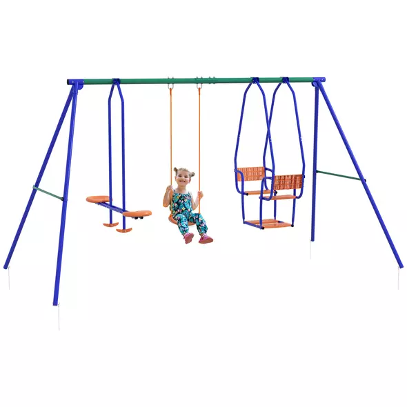 Outsunny Three-In-One Kids Metal Swing Set with Swing, Glider, Rocking Chair Swing, for Ages 3+ years - Orange and Blue - 1