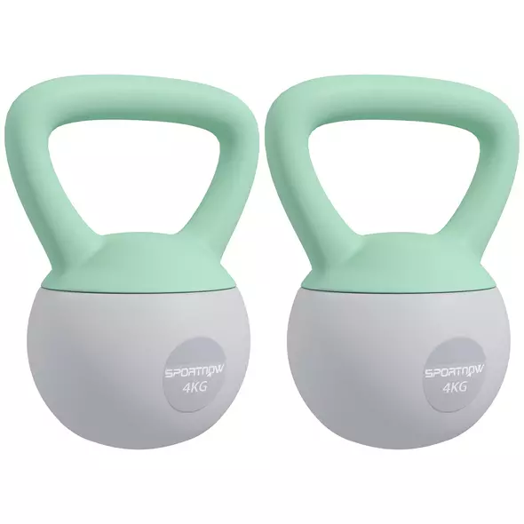 SPORTNOW 2 x 4kg Soft Kettlebell, Kettle Bell with Non-Slip Handle, for Home Gym, Strength Training, Cardio - Grey and Green - 1