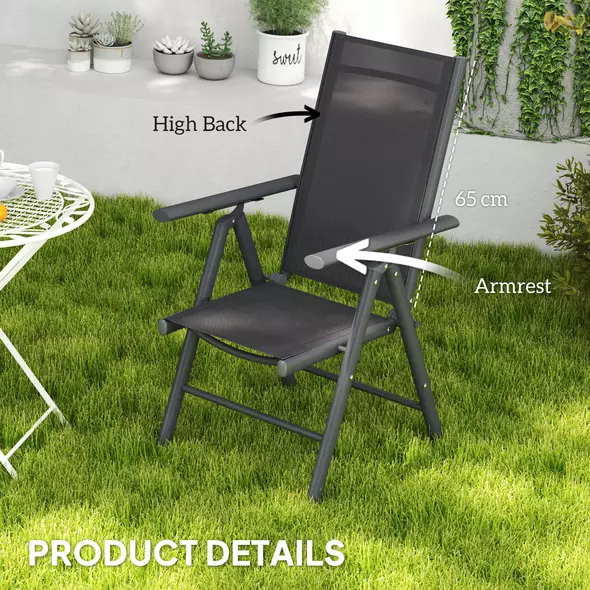 Outsunny Set of 2 Folding Garden Chairs, Aluminium Frame Outdoor Dining Chairs with Breathable Mesh Back and Seat, Garden Folding Chair Set with Armrests for Balcony, Dark Grey - 7
