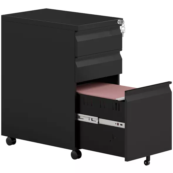 Vinsetto 3-Drawer Steel Filing Cabinet with Lock and Wheels - Black - 1