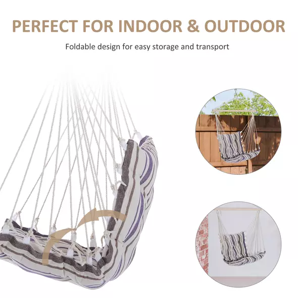 Outsunny Outdoor Hanging Rope Chair with Soft Padded Seat & Backrest, Garden Hammock Chair with Wooden Support Bar Cotton Cloth, Portable Garden Chair for Patio & Tree, Brown - 6