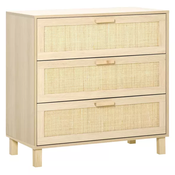 HOMCOM Rattan Bedroom Chest of Drawers, 3 Drawers Storage Unit, Boho Dresser for Living Room, Hallway, Natural - 1