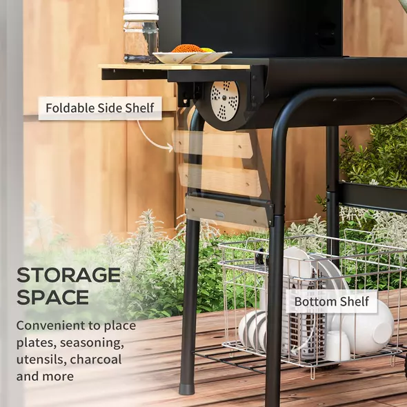 Outsunny Charcoal BBQ, with Thermometer, Shelves and Wheels - 6