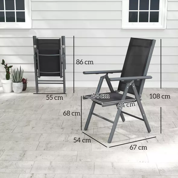 Outsunny Set of 2 Folding Garden Chairs, Aluminium Frame Outdoor Dining Chairs with Breathable Mesh Back and Seat, Garden Folding Chair Set with Armrests for Balcony, Dark Grey - 3