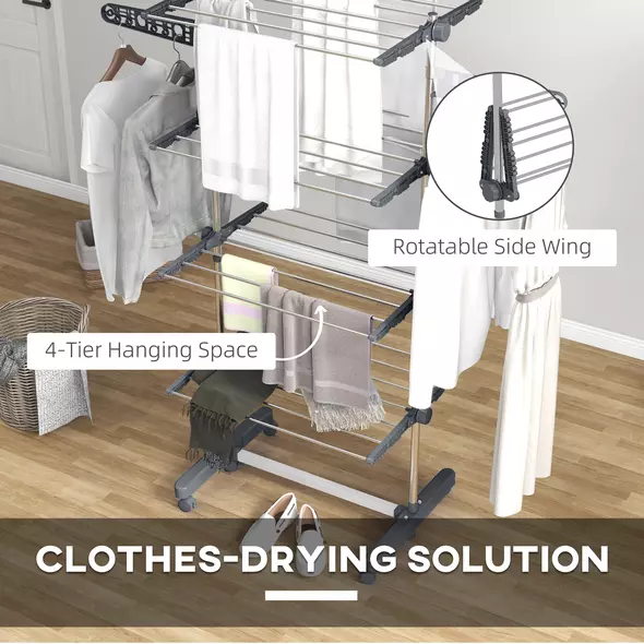 HOMCOM Four-Shelf Collapsing Clothes Horse, With Side Arms and Wheels - Grey - 5