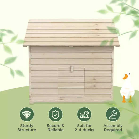 PawHut Wooden Duck House Poultry Coop for 2-4 Ducks with Openable Roof Raised Feet Air Holes Natural - 6