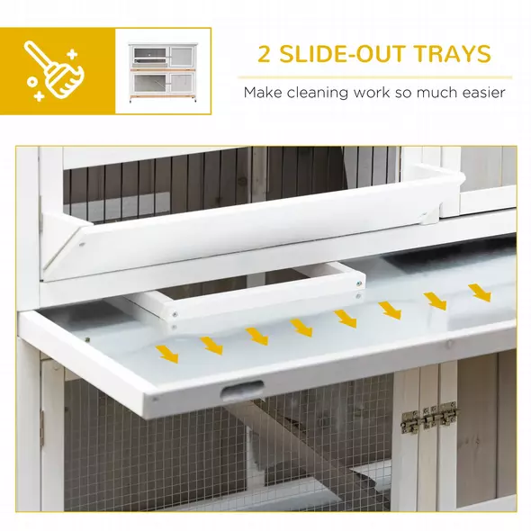 PawHut Wooden Pet Hutch, Two-Tier Cage with Rain Cover, Wheels, White - 7