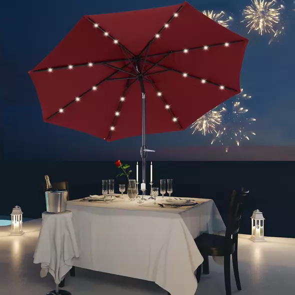 Outsunny Φ2.7m Garden 24 LED Light Parasol Solar Outdoor Tilt Sun Umbrella Patio Club Party Event Manual Sun Shade w/ Hand Crank and 8 Ribs, Red - 2