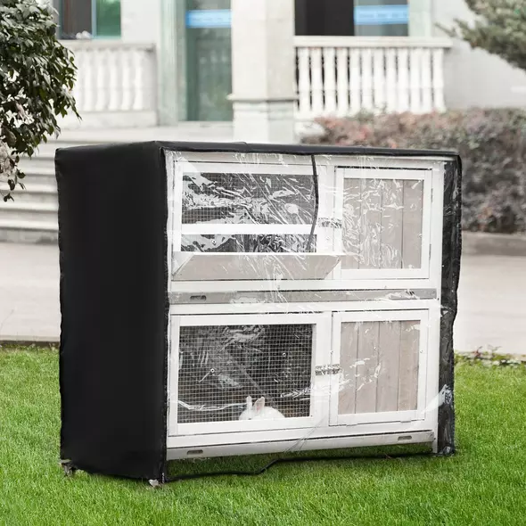 PawHut Wooden Pet Hutch, Two-Tier Cage with Rain Cover, Wheels, White - 2