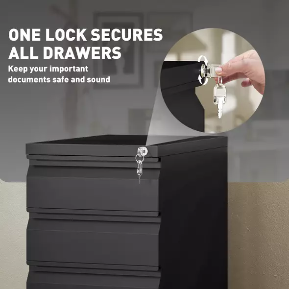 Vinsetto 3-Drawer Steel Filing Cabinet with Lock and Wheels - Black - 6