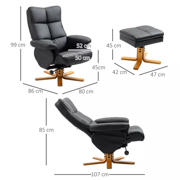 HOMCOM PU Leather Swivel Recliner Chair with Footstool, Wooden Base and Storage for Living Room, Black - 3