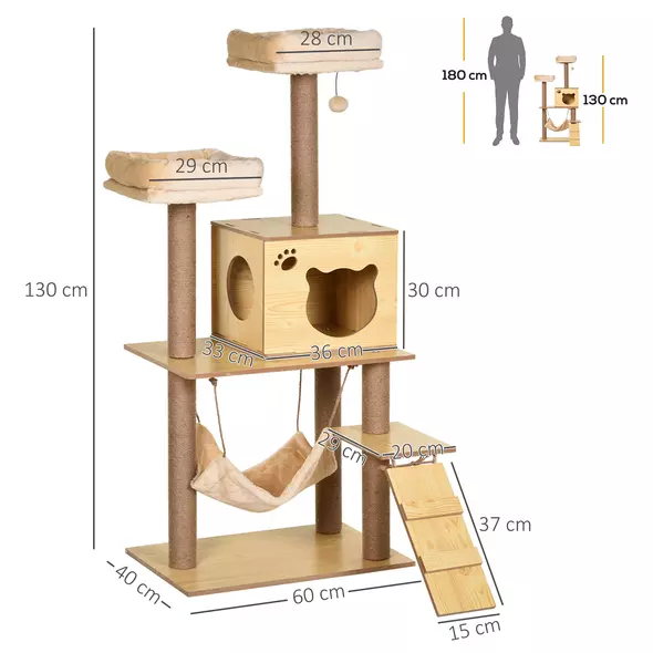 PawHut 130cm Cat Tree for Indoor Cats, Multi-Level Plush Cat Tower, with Five Scratching Posts, Two Perches, Cat House, Hammock - 3