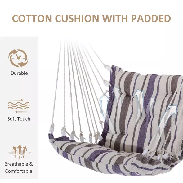 Outsunny Outdoor Hanging Rope Chair with Soft Padded Seat & Backrest, Garden Hammock Chair with Wooden Support Bar Cotton Cloth, Portable Garden Chair for Patio & Tree, Brown - 5
